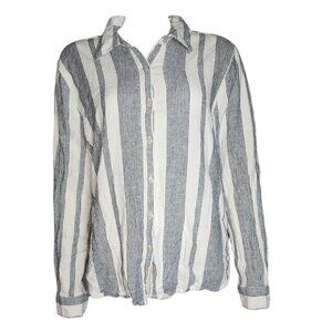 ORVIS Blue White Striped Long Sleeve Button Down Linen Shirt Womens Size XL